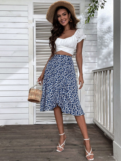 Printed Flared Mid Rise Midi Skirts in Blue cotton - Nowi Korean Fashion