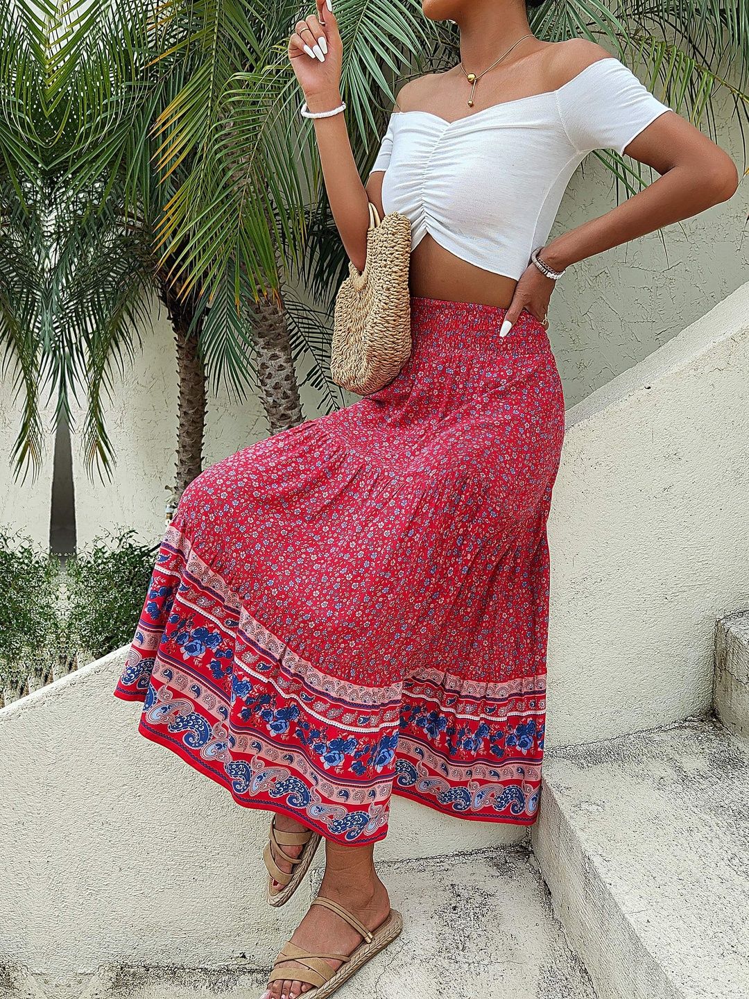 Printed Flared Mid Rise Maxi Skirts