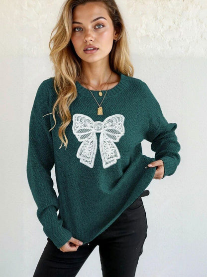 Embroidered Pullover with Embroidered Detail in Green acrylic Long Sleeve - Nowi Korean Fashion