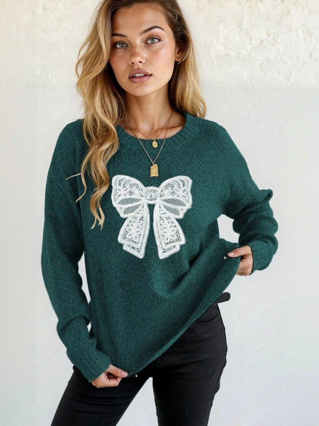 Embroidered Pullover with Embroidered Detail in Green acrylic Long Sleeve - Nowi Korean Fashion
