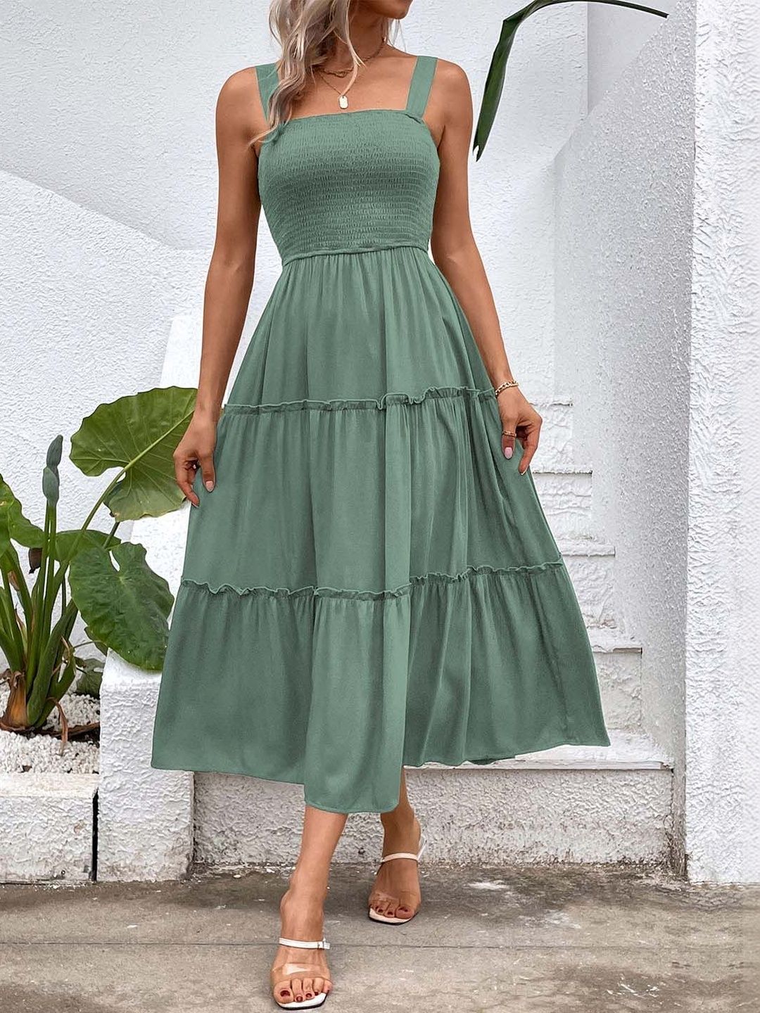 Women's Green Fit & Flare Midi Dress Blend Printed