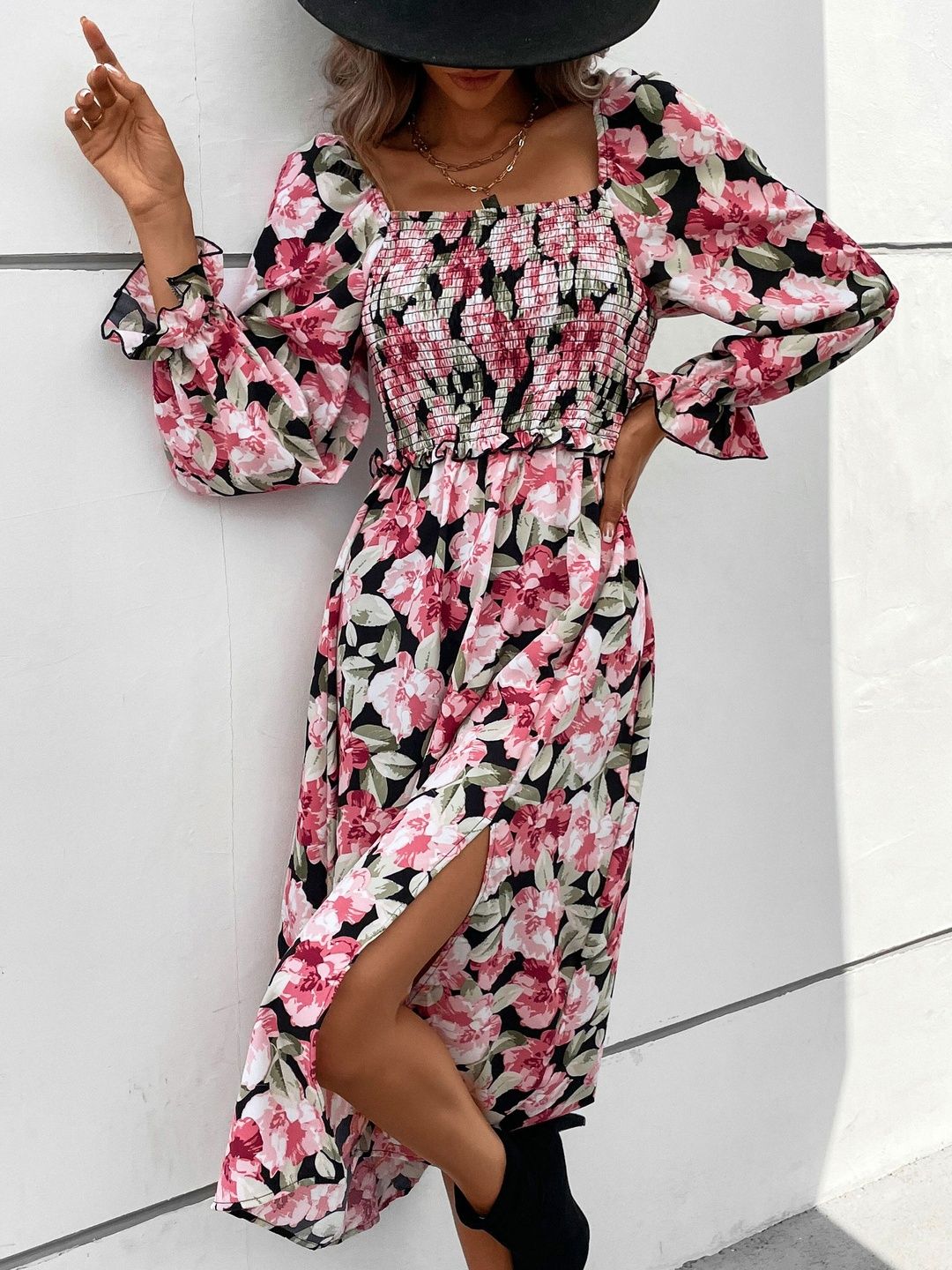 Women's Black Floral Print Fit & Flare Midi Dress Blend