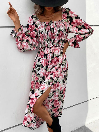 Women's Black Floral Print Fit & Flare Midi Dress Blend