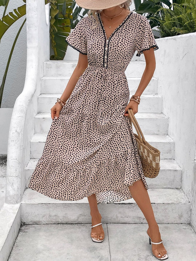 Polka Dot Print Ruffled Fit & Flare Midi Dress Printed - Nowi Korean Fashion