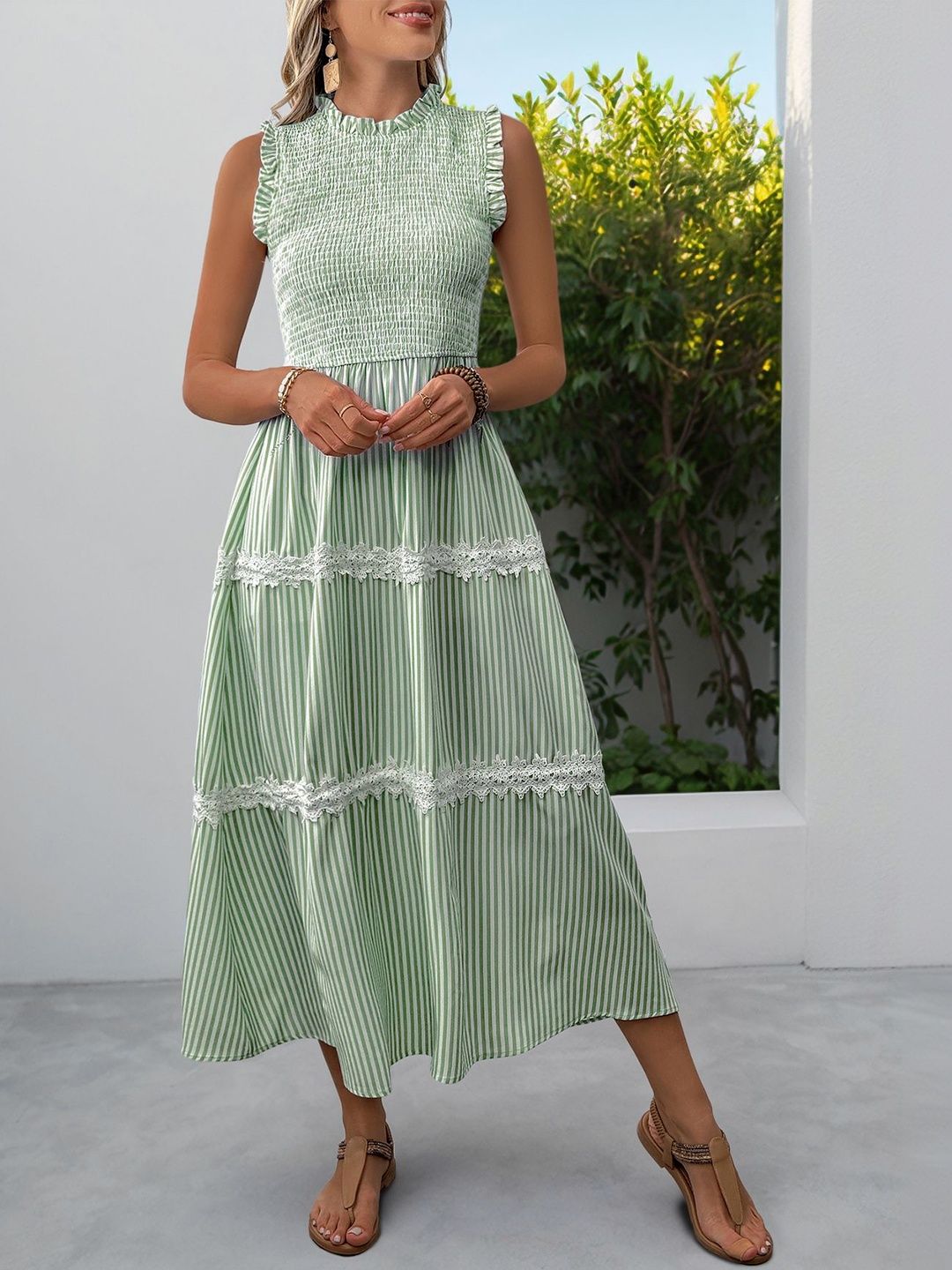 Striped Flutter Sleeve Fit & Flare Midi Dress in Green cotton - Nowi Korean Fashion