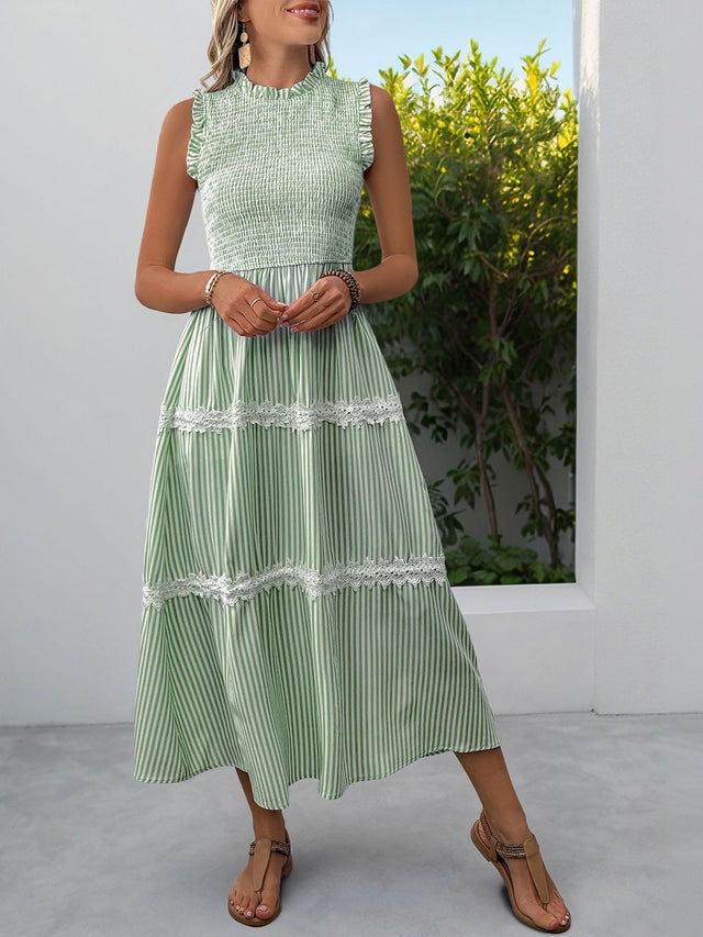 Striped Flutter Sleeve Fit & Flare Midi Dress in Green cotton - Nowi Korean Fashion