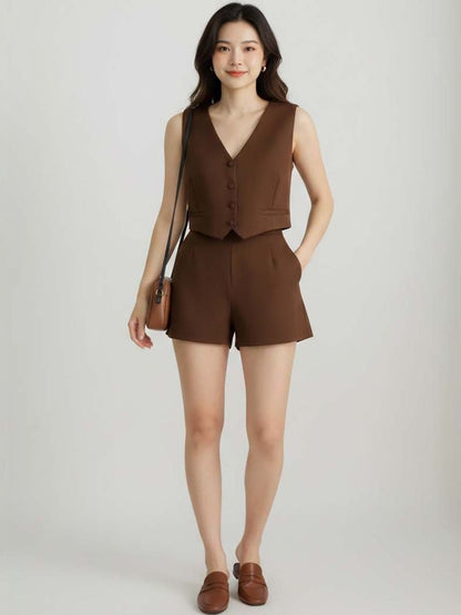 Brown Solid Vest Top with Shorts - Nowi Korean Fashion