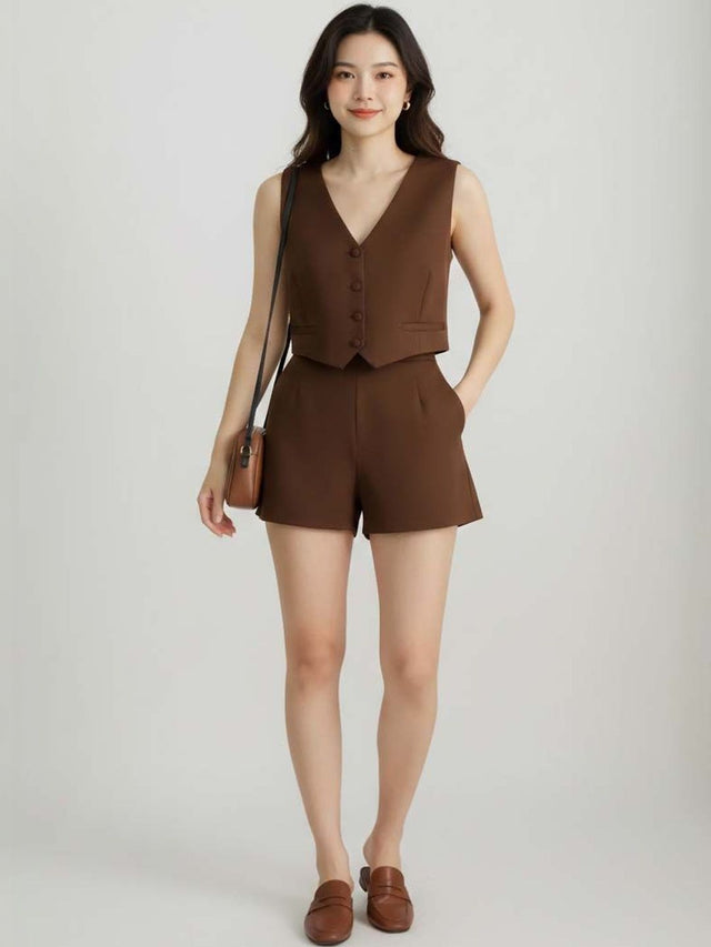 Brown Solid Vest Top with Shorts - Nowi Korean Fashion