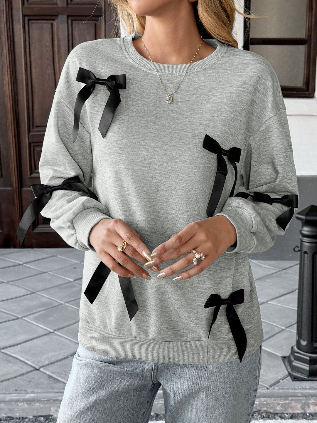 Embellished Sweatshirt in Grey Cotton - Nowi Korean Fashion