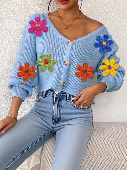 Women Colourblocked Ribbed Crop Cardigan with Applique Detail