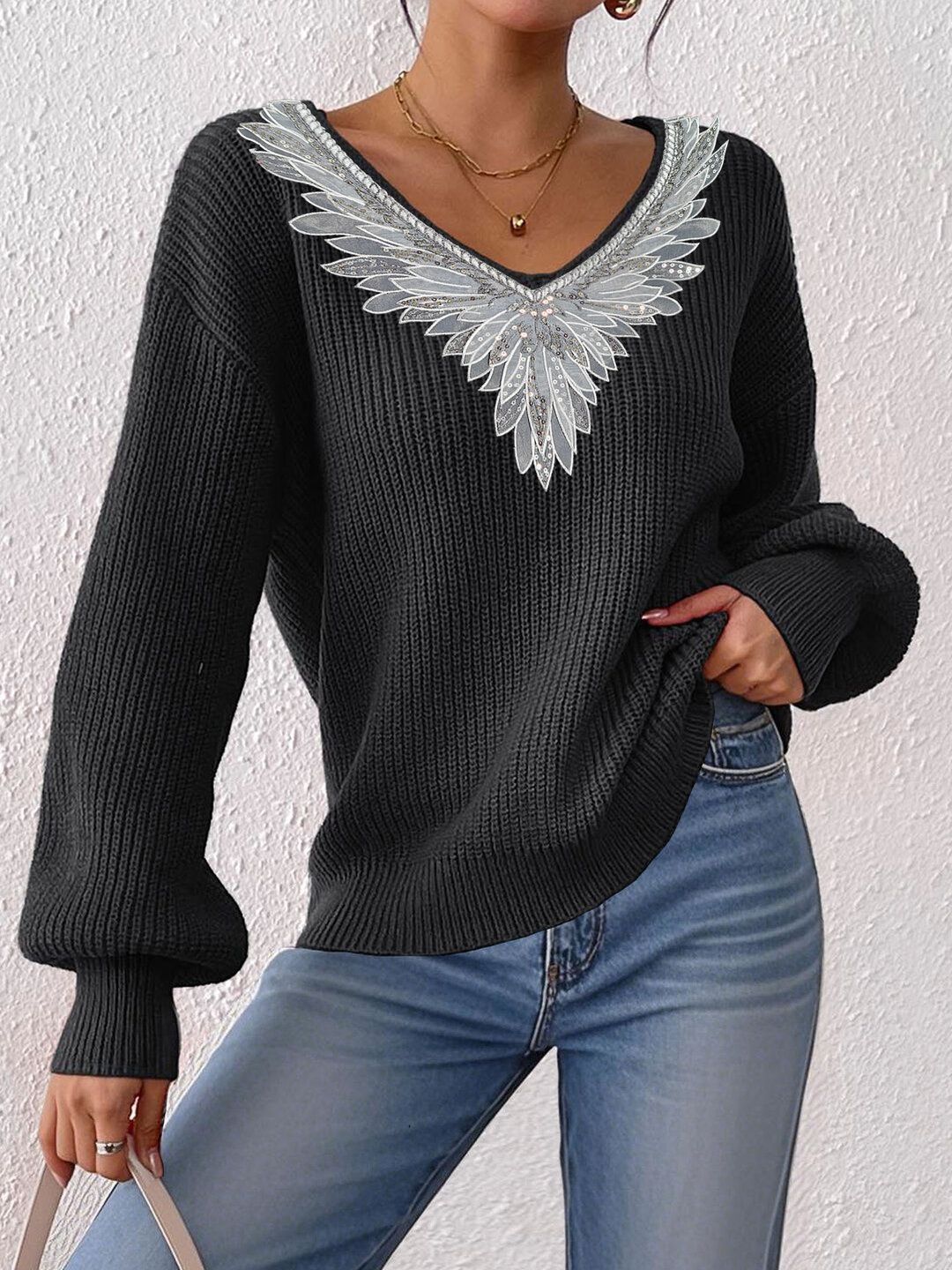 Women Embroidered Ribbed Pullover with Embroidered Detail
