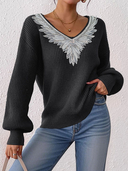 Women Embroidered Ribbed Pullover with Embroidered Detail