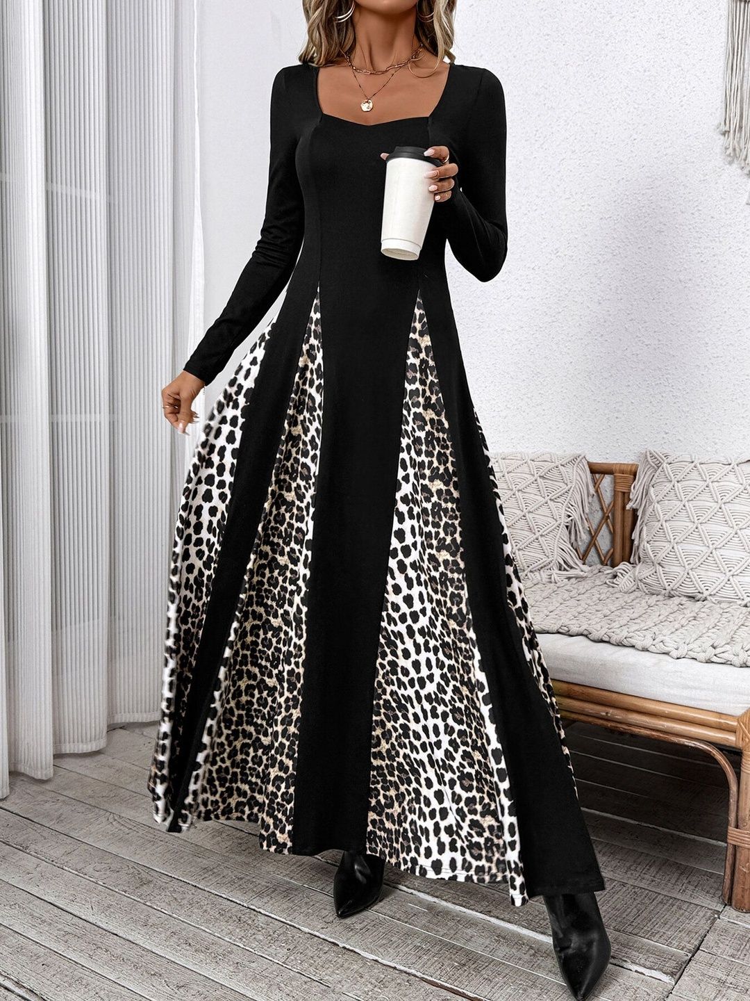 Animal Print Maxi Dress in Black - Nowi Korean Fashion