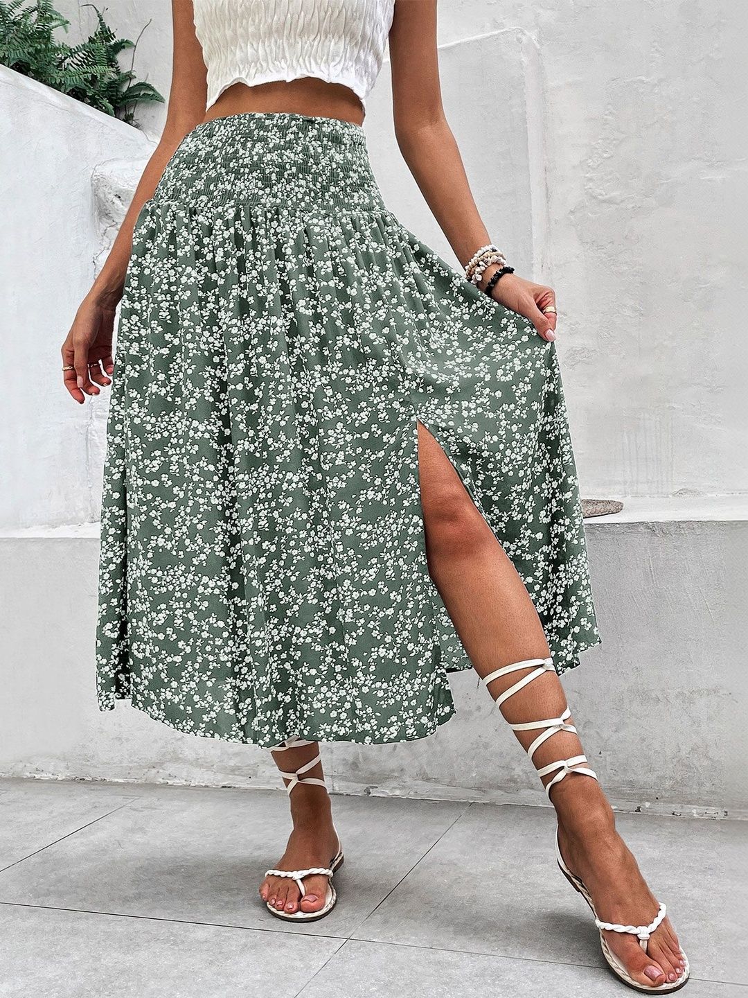 Printed Flared Cotton Skirts in Green - Nowi Korean Fashion