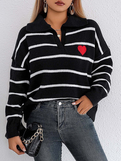 Striped Pullover with Embroidered Detail in Black acrylic Long Sleeve - Nowi Korean Fashion