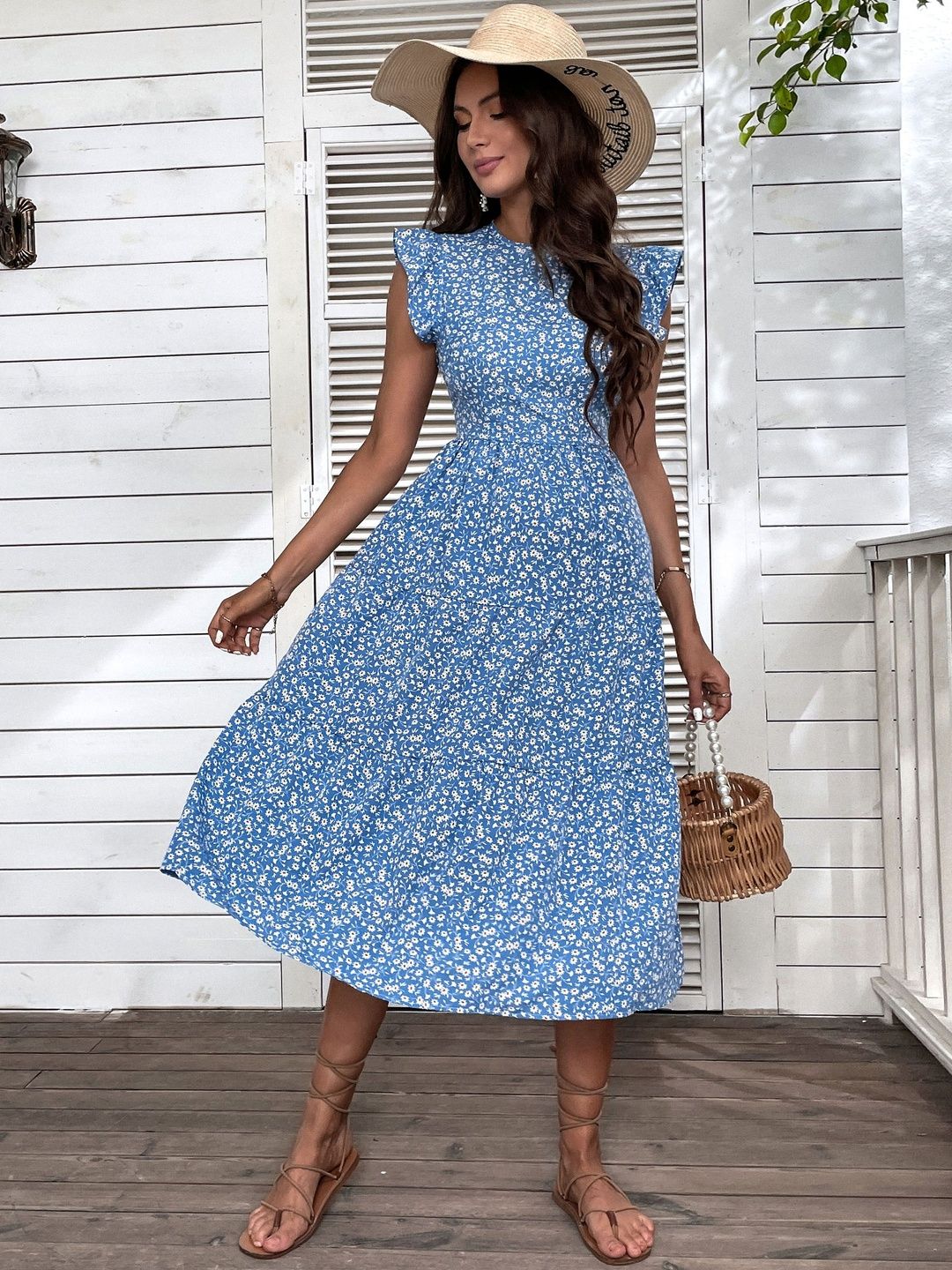 Floral Print Flutter Sleeve Fit & Flare Midi Dress in Blue cotton Sleeveless - Nowi Korean Fashion