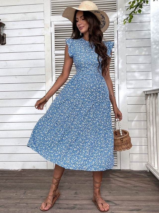 Floral Print Flutter Sleeve Fit & Flare Midi Dress in Blue cotton Sleeveless - Nowi Korean Fashion