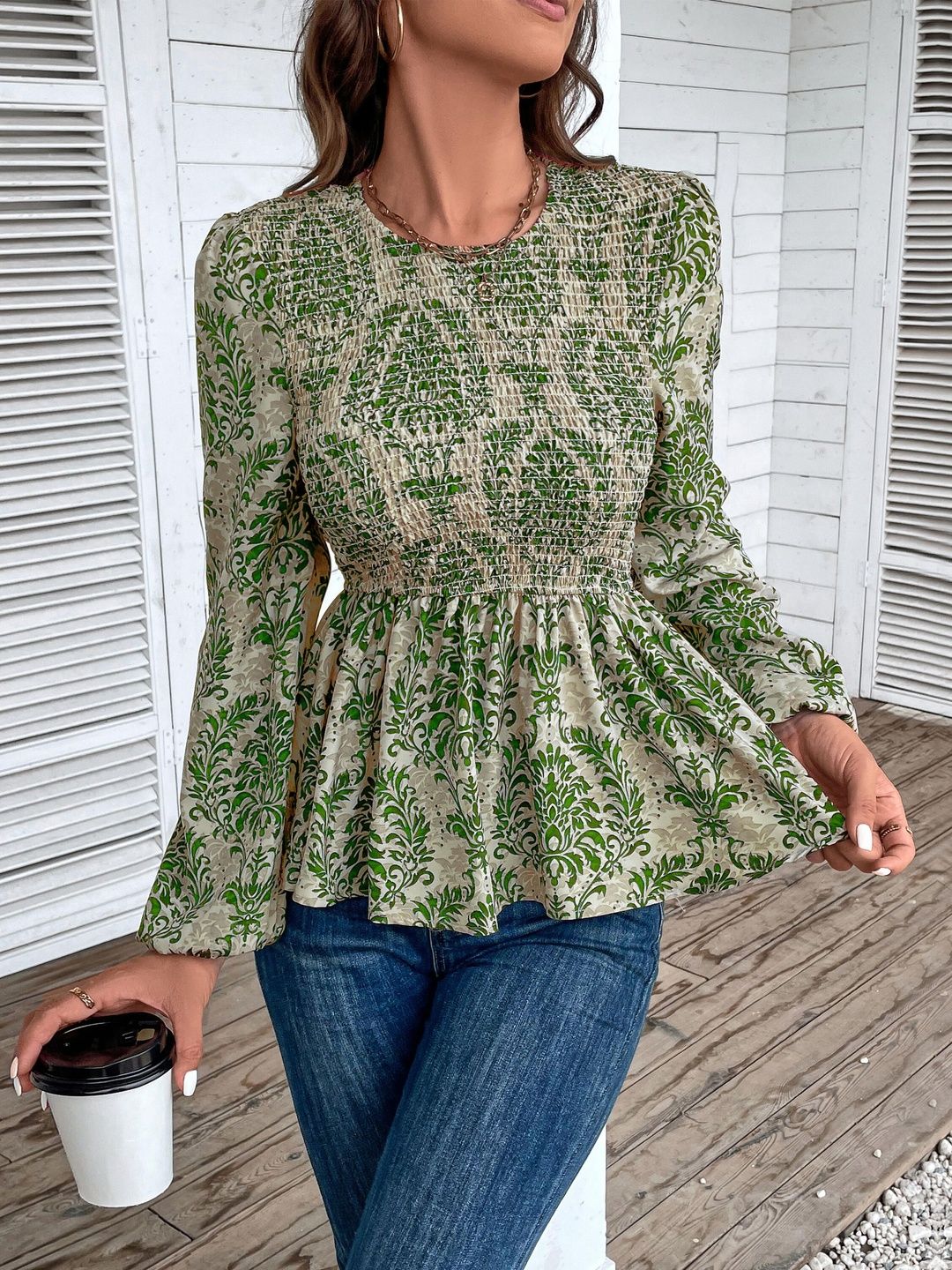 Print Cotton Peplum Top in Green - Nowi Korean Fashion