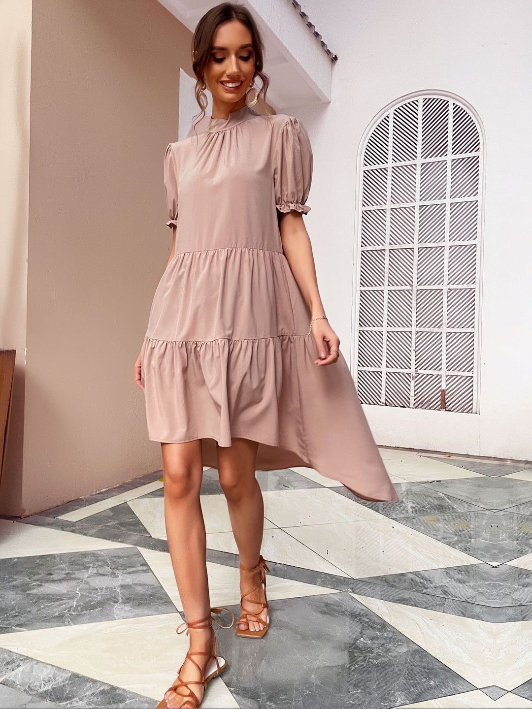 Puff Sleeve A-Line Midi Dress