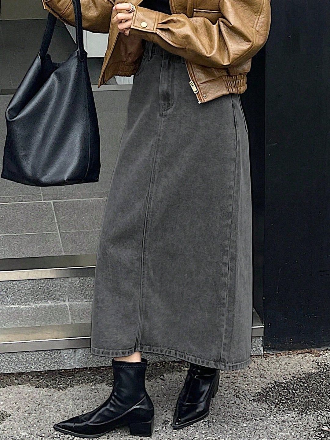 NOWI Women High Rise Back Slit Denim Straight Midi Skirt