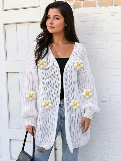 Floral Longline Cardigan with Applique Detail in White acrylic - Nowi Korean Fashion