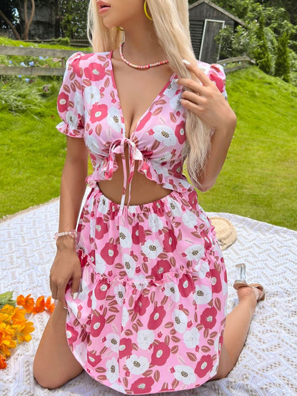 Floral Print Fit & Flare Dress in Pink cotton - Nowi Korean Fashion