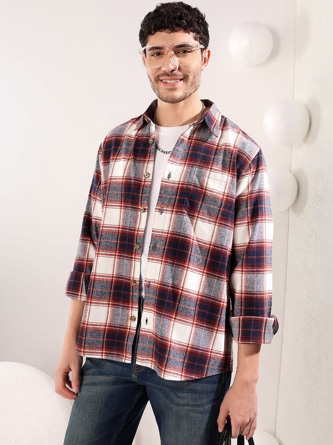 NOWI Men Tartan Checks Checked Casual Shirt