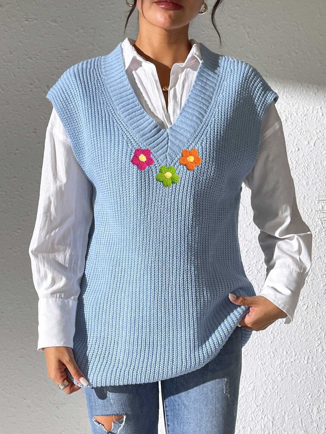 Women Ribbed Sweater Vest with Embroidered Detail