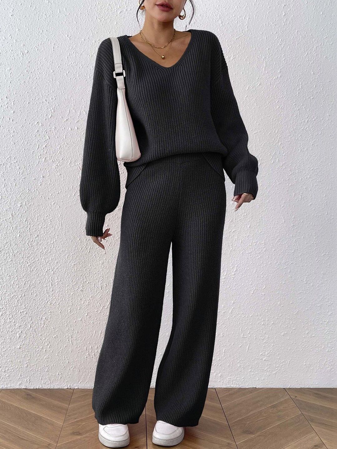 Black Knitted Sweater and Trousers Set