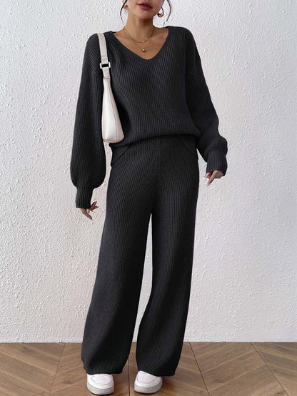 Black Knitted Sweater and Trousers Set