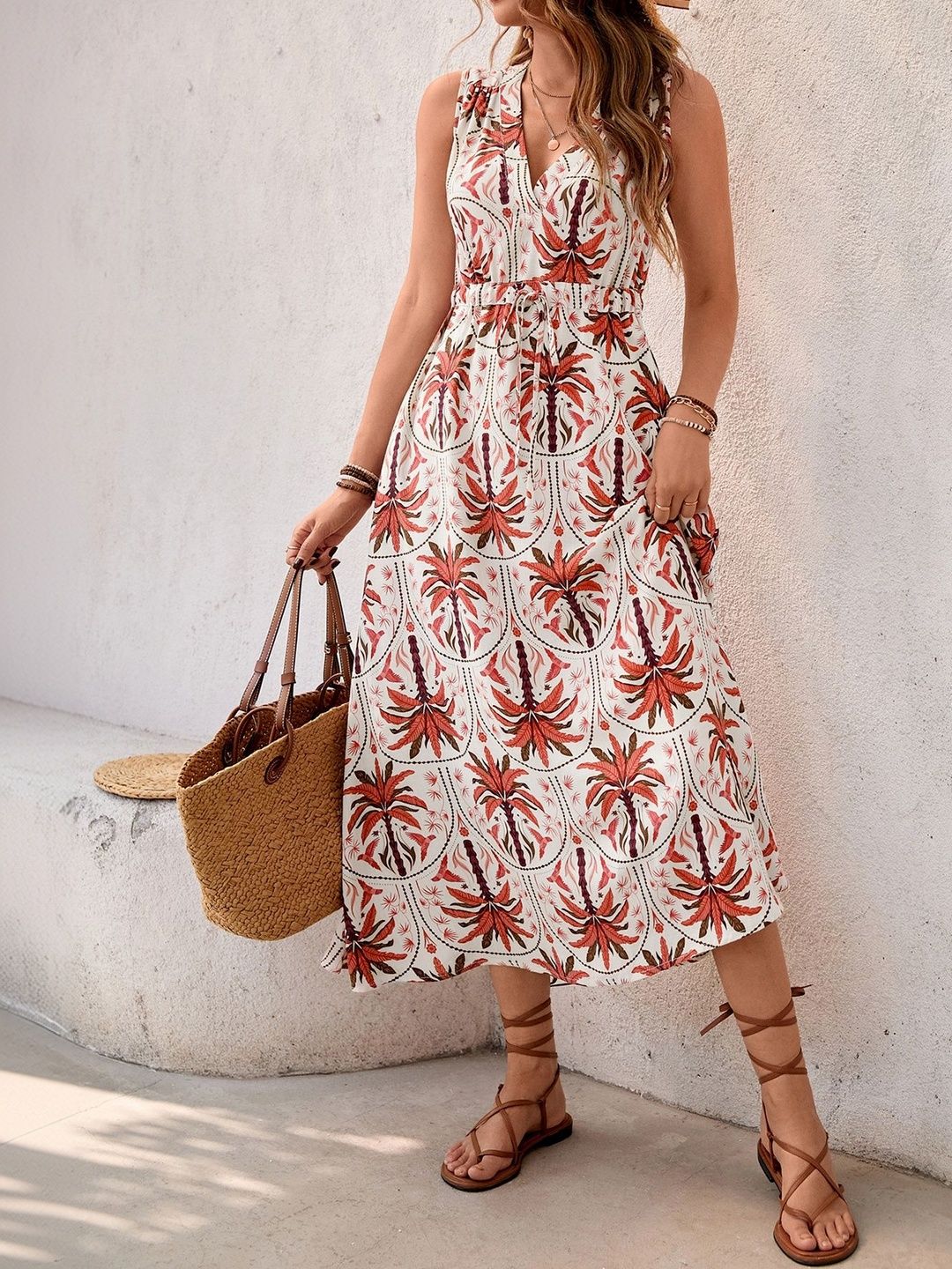 Tropical Print Sleeveless Midi Dress