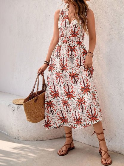 Tropical Print Sleeveless Midi Dress