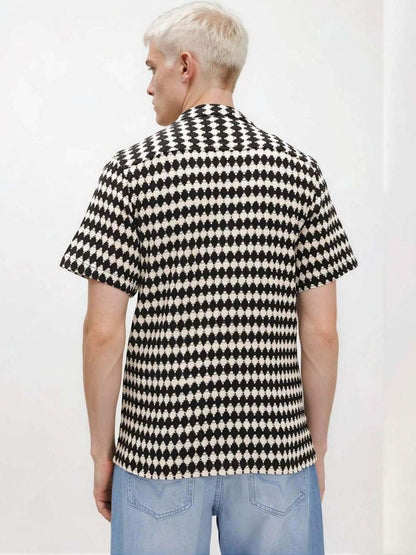 Chevron Printed Cuban Collar Cotton Casual Shirt