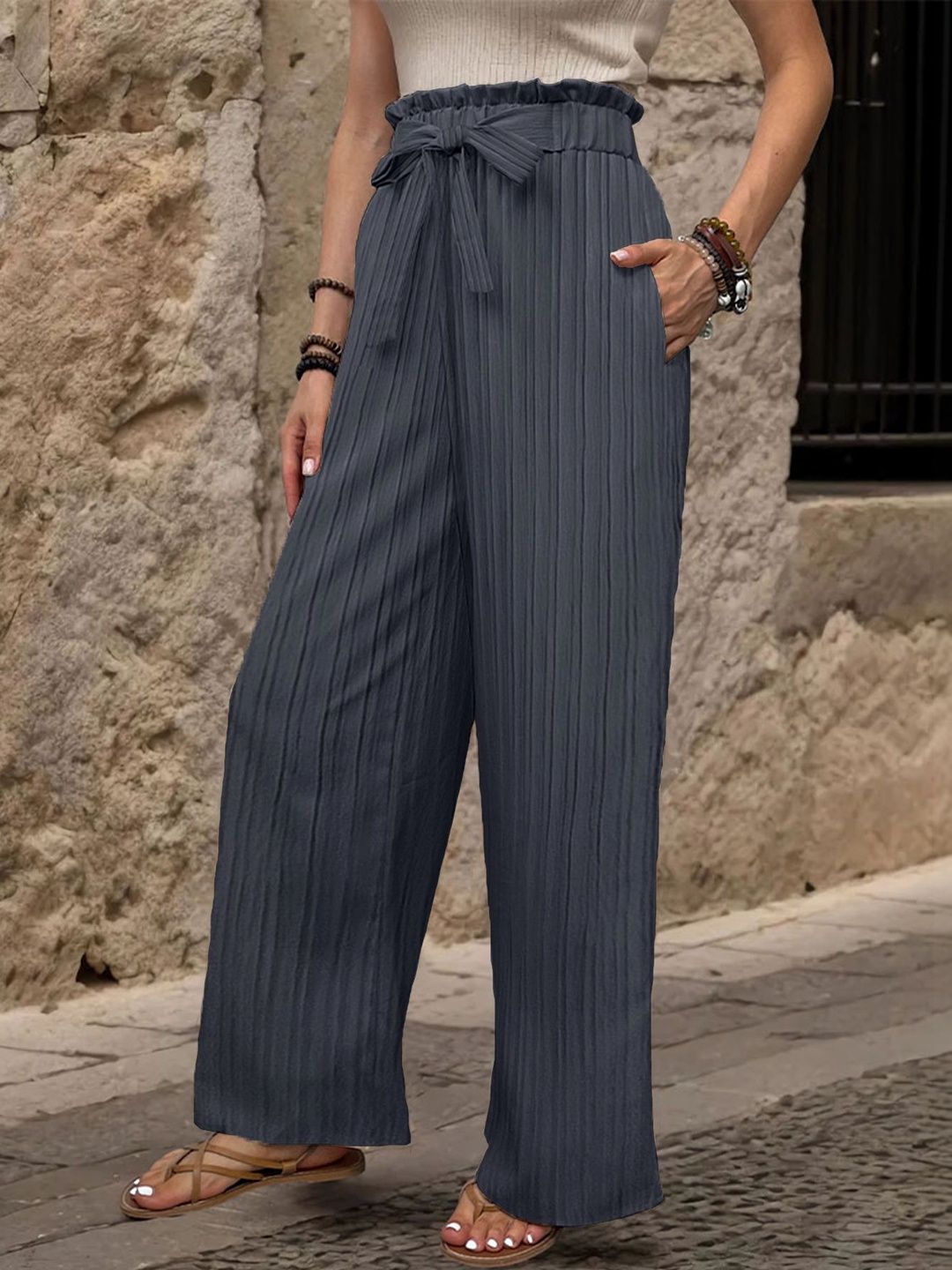 Women Textured High-Rise Non Iron Pleated Trousers