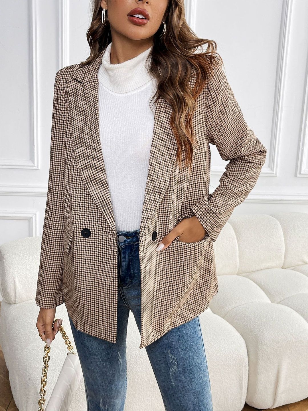 Checked Comfort Fit Double-Breasted Blazer in Beige - Nowi Korean Fashion