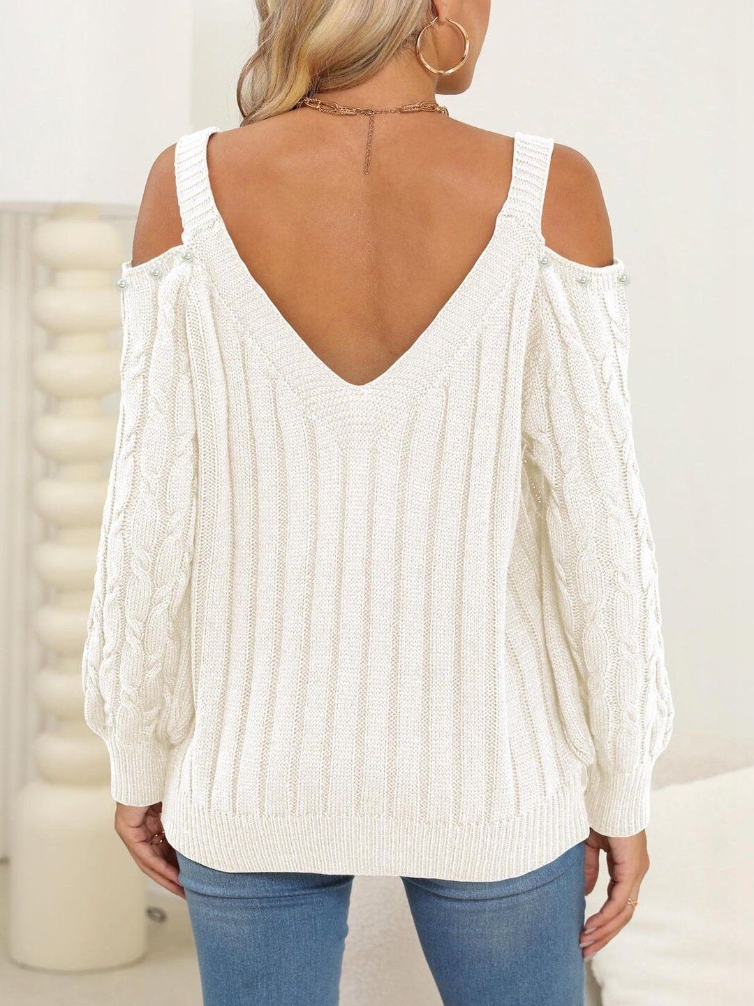 Women Cable Knit Pullover with Embellished Detail