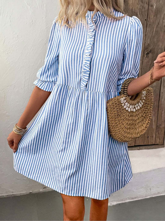 Striped Ruffled Fit & Flare Dress in Blue cotton - Nowi Korean Fashion