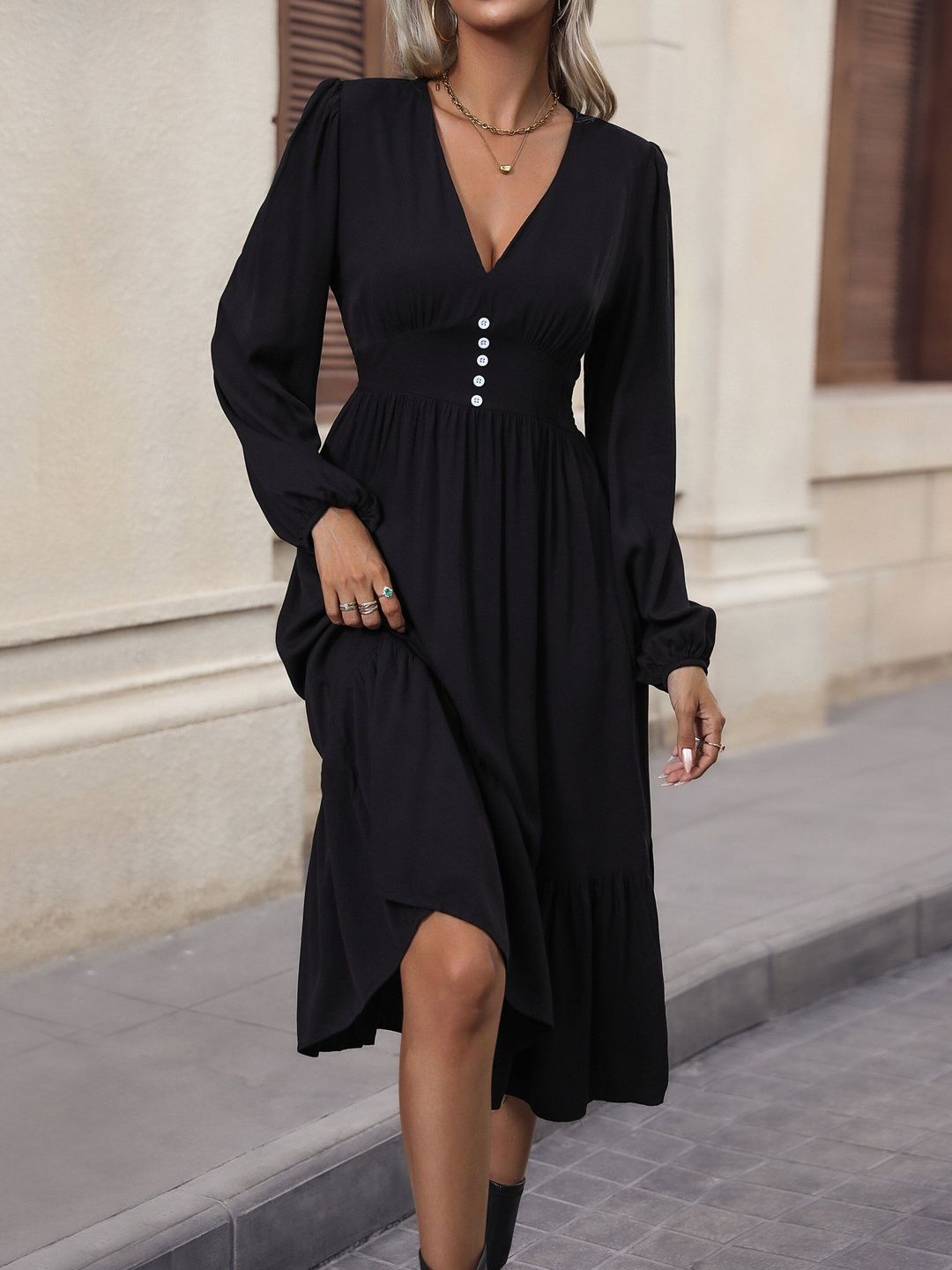 Women's Black Fit & Flare Midi Dress Blend Printed