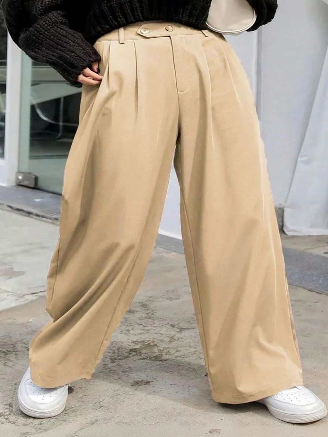 Women Loose Fit High-Rise Wide Leg Trousers