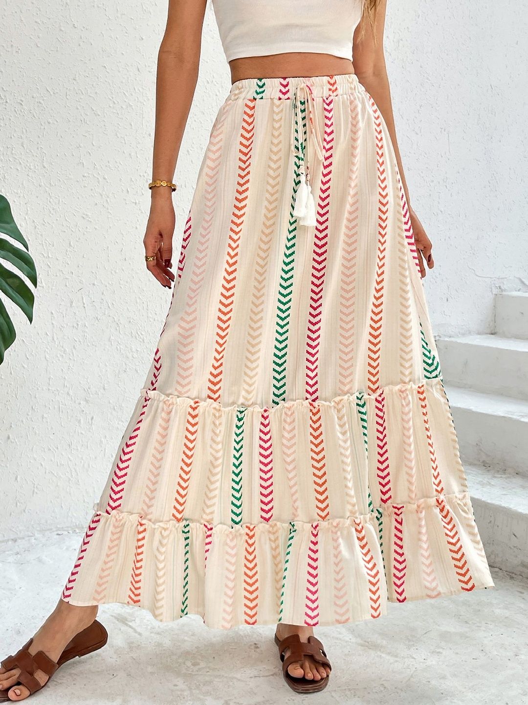 Flared Mid Rise Maxi Skirts Printed - Nowi Korean Fashion