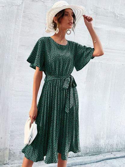 Polka Dot Print Flared Sleeve Fit & Flare Midi Dress Printed - Nowi Korean Fashion