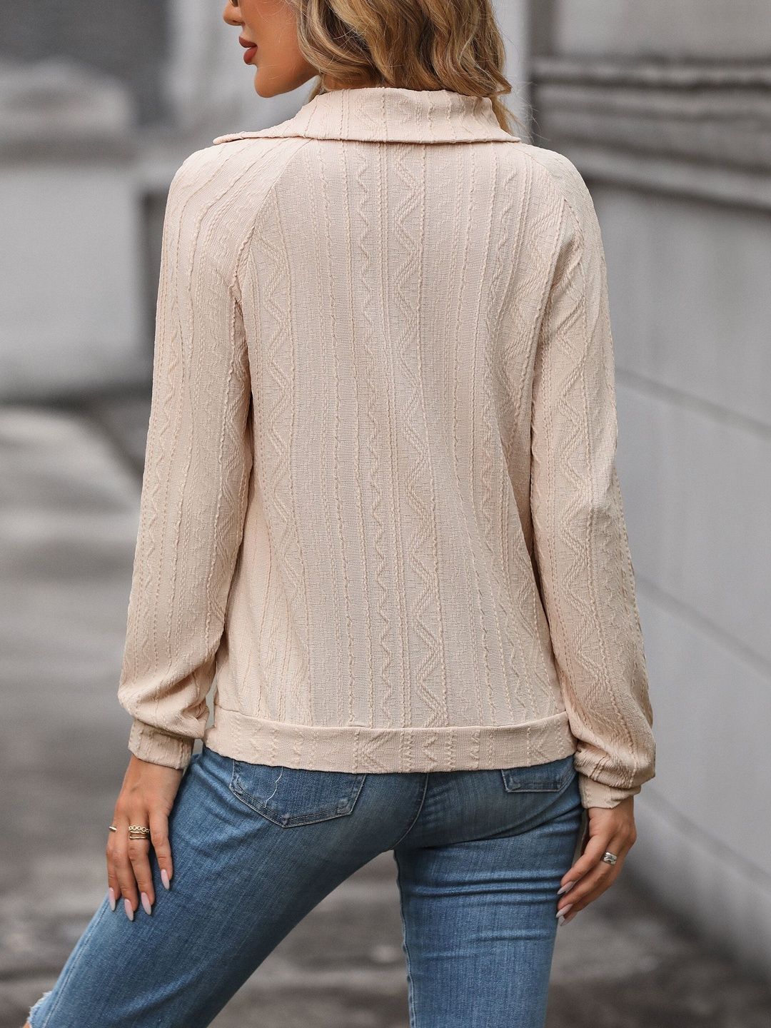 Beige Mock Collar Button Closure Sweatshirt