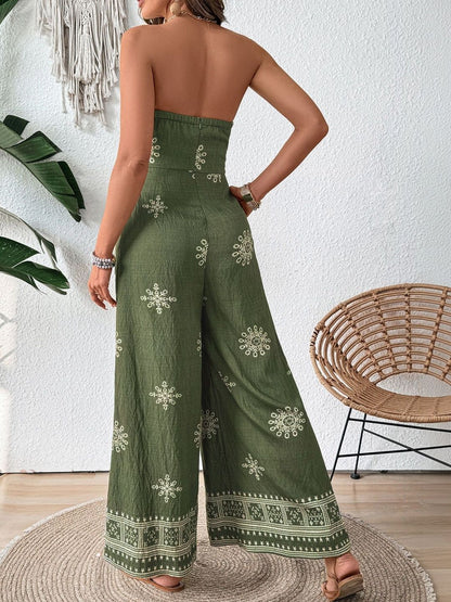 Linen Strapless Printed Basic Jumpsuit with Embroidered