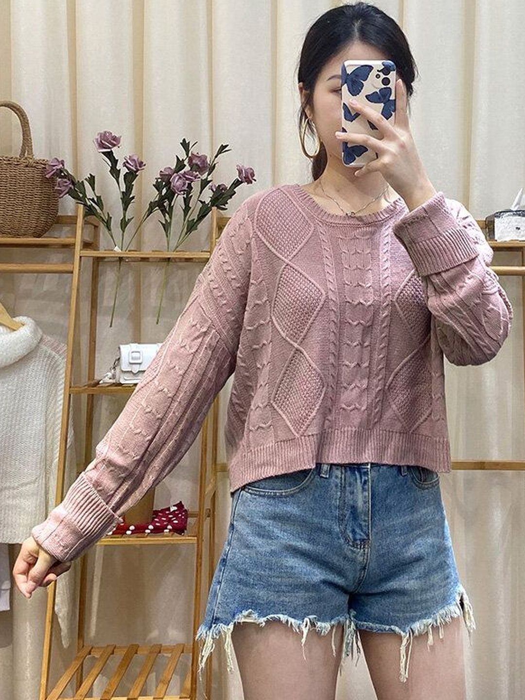 Women's Pink Cable Knit Crop Pullover