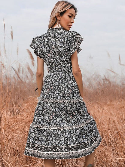 Floral Print Flutter Sleeve Fit & Flare Midi Dress