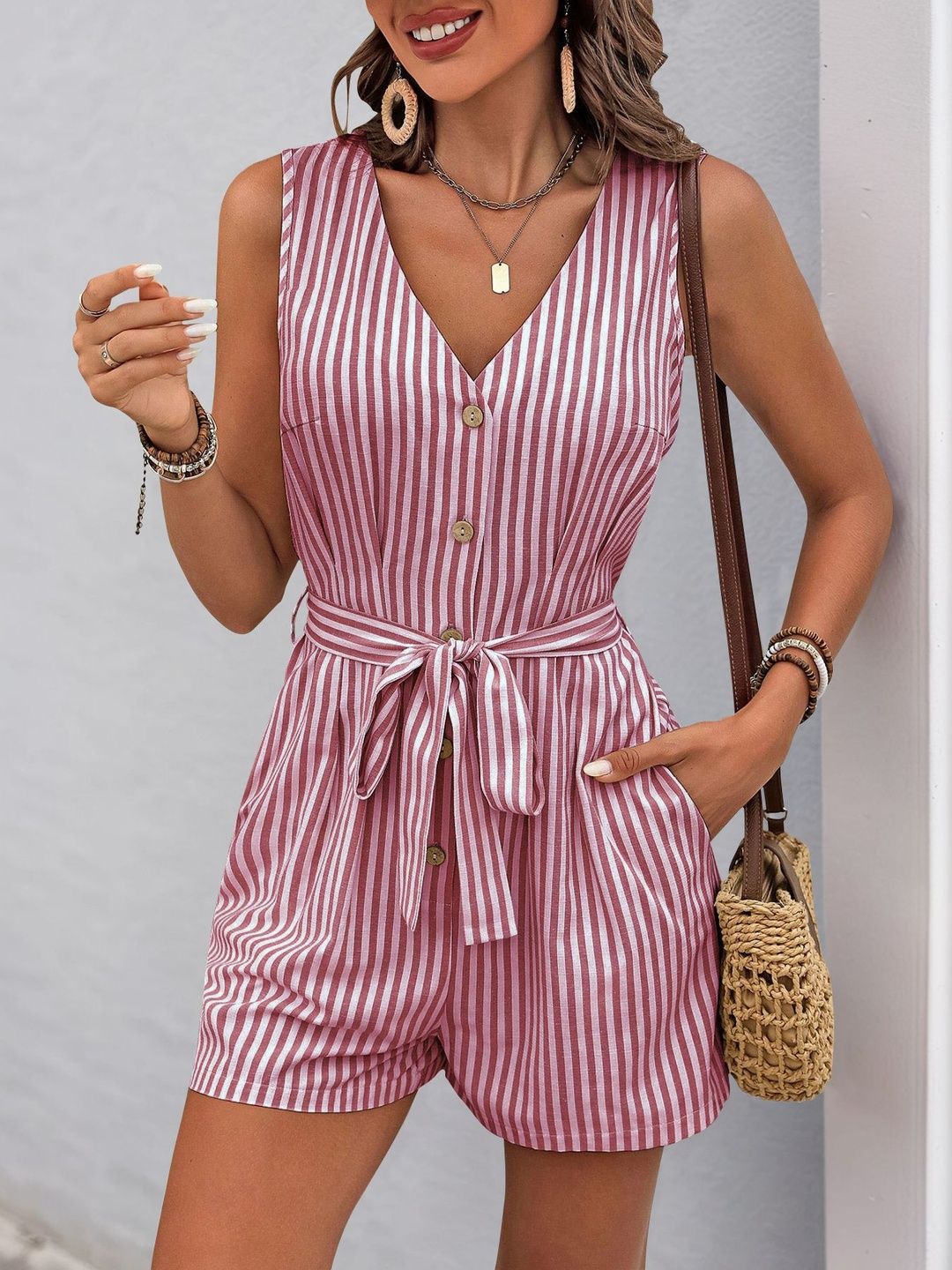 Striped Jumpsuit in Red cotton - Nowi Korean Fashion