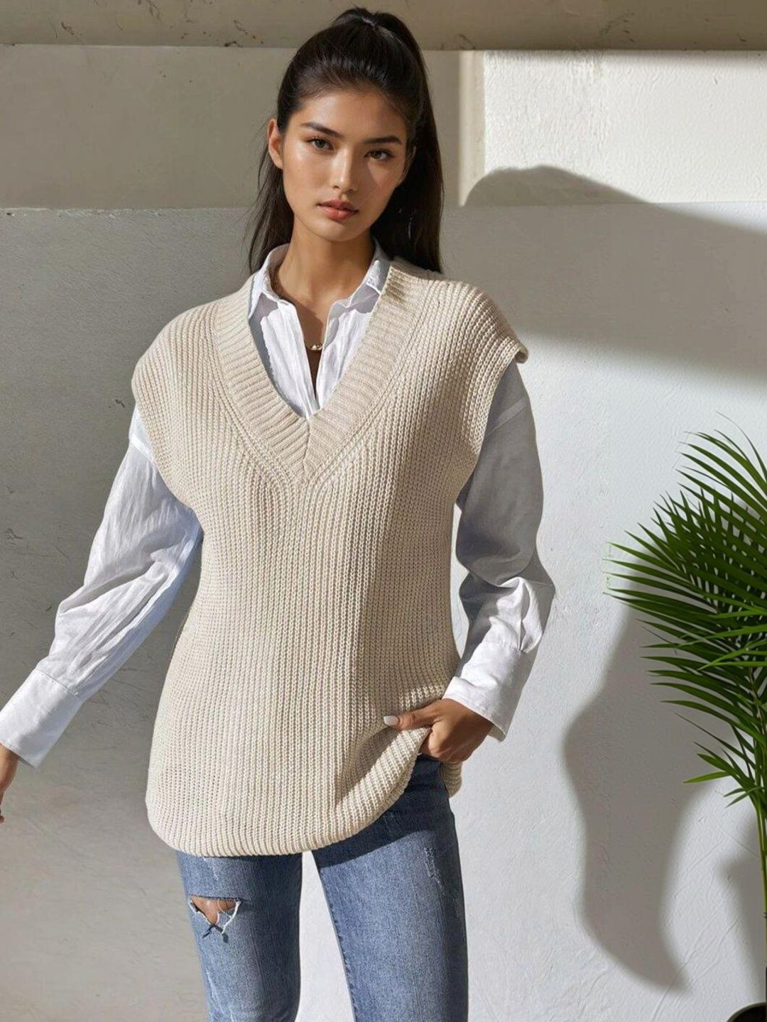 Ribbed Sweater Vest in Beige acrylic - Nowi Korean Fashion