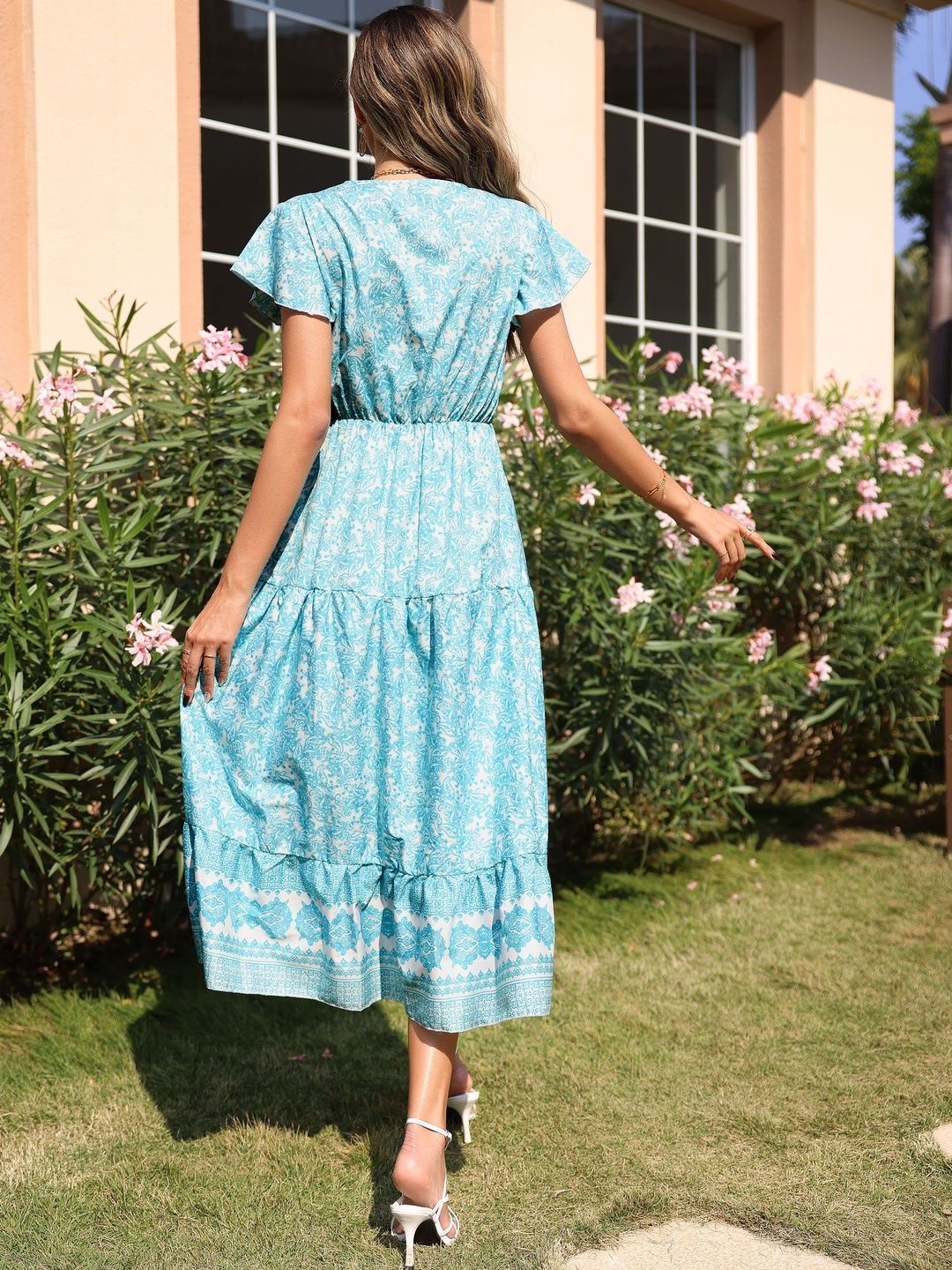 Floral Print Flutter Sleeve A-Line Midi Dress
