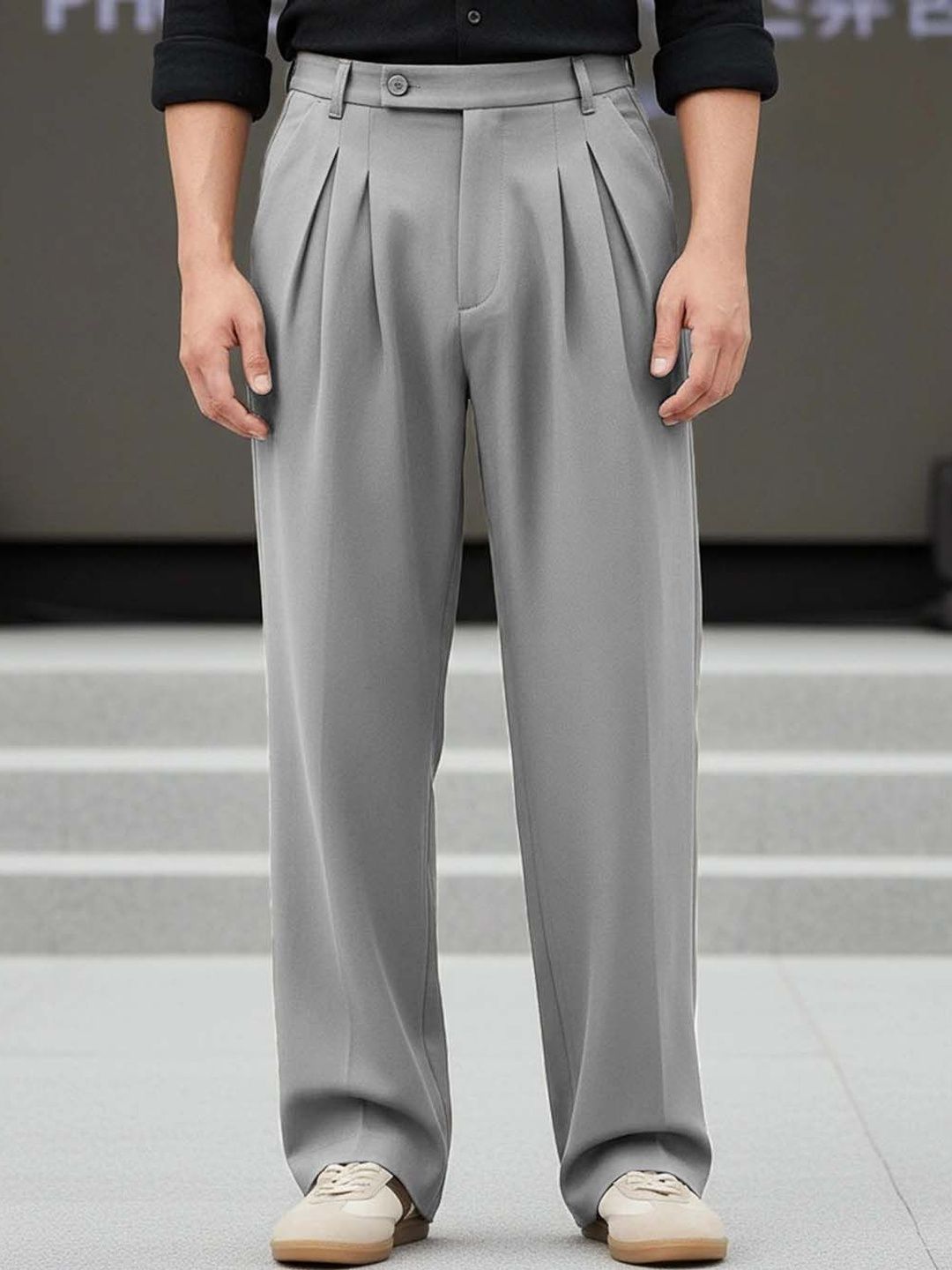 Men Pleated Trousers in grey, relaxed fit, stylish korean pants for men, perfect for casual or formal wear.