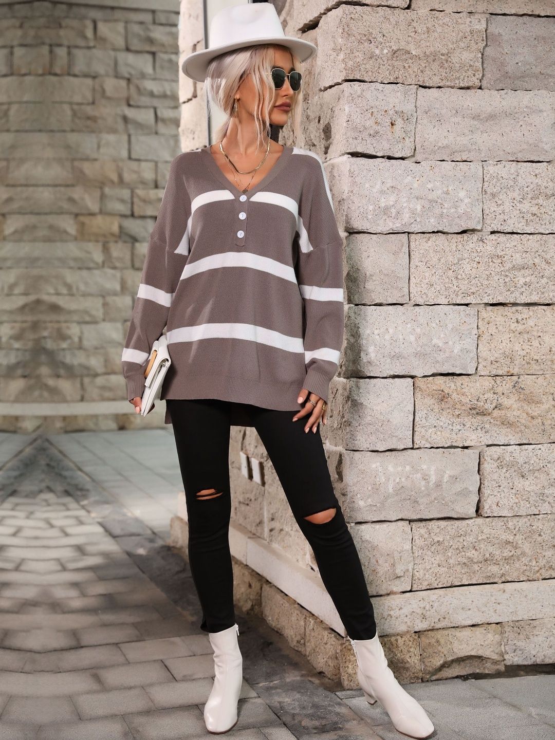 Women's Brown Acrylic Striped Sweater